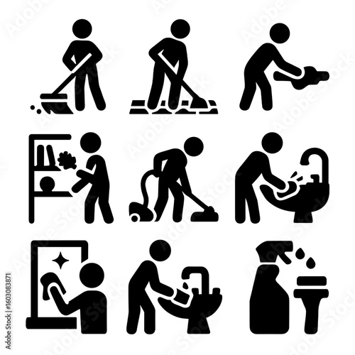 Cleaning Task Icons. Solid style icons of cleaning tasks and actions: sweeping floor, mopping tile, wiping counter, spraying