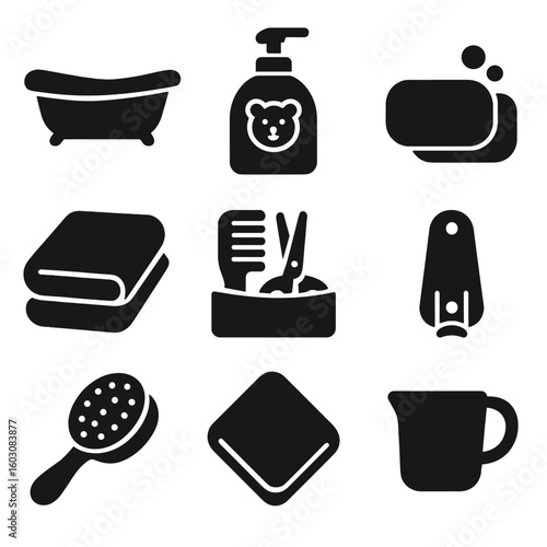 Baby Hygiene Essentials. Solid style icons of baby hygiene tools: baby bathtub, baby shampoo bottle, baby soap bar, soft towel,