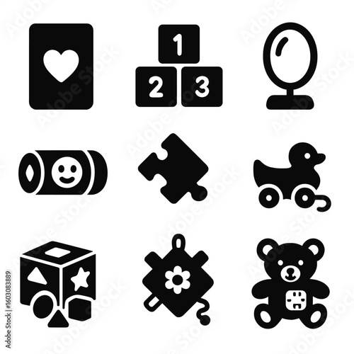 Developmental Tool Icons. Solid style icons of developmental tools: black-and-white card, milestone blocks, baby mirror, tummy