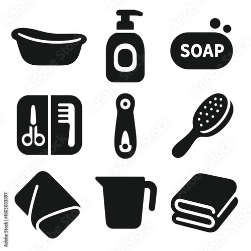Baby Hygiene Essentials. Solid style icons of baby hygiene tools: baby bathtub, baby shampoo bottle, baby soap bar, soft towel,