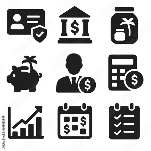 Retirement Planning Essentials. Solid style icons of financial retirement planning: pension card, retirement fund icon, savings
