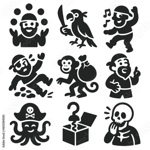 Pirate Icons of Fun. Solid style icons of pirate humor and fun: juggling coins, parrot with sword, pirate dancing, pirate slipping
