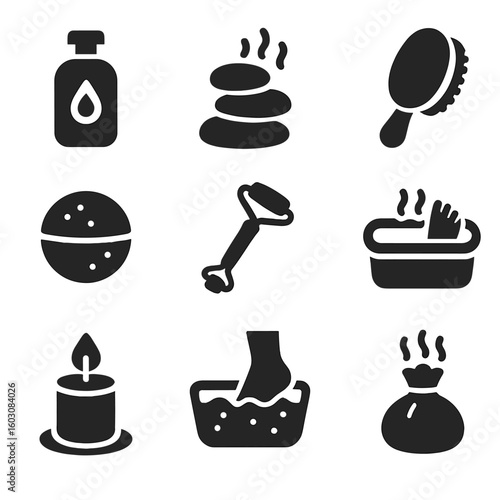 Spa Care Icons. Solid style icons of spa and body care: body oil bottle, massage stone, soft body brush, bath bomb, facial roller,