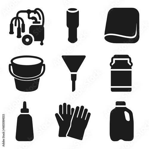 Milking Equipment Icons. Solid style icons of milking equipment: milking machine, teat cup, udder cloth, stainless pail, milk