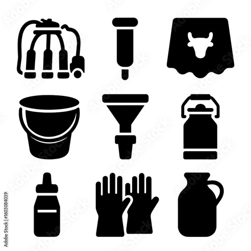 Milking Equipment Icons. Solid style icons of milking equipment: milking machine, teat cup, udder cloth, stainless pail, milk