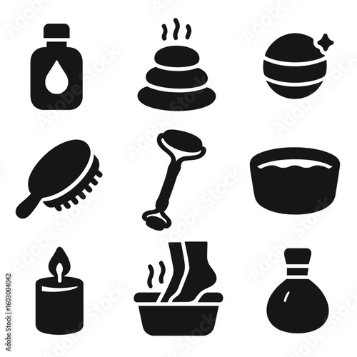 Spa Care Icons. Solid style icons of spa and body care: body oil bottle, massage stone, soft body brush, bath bomb, facial roller,