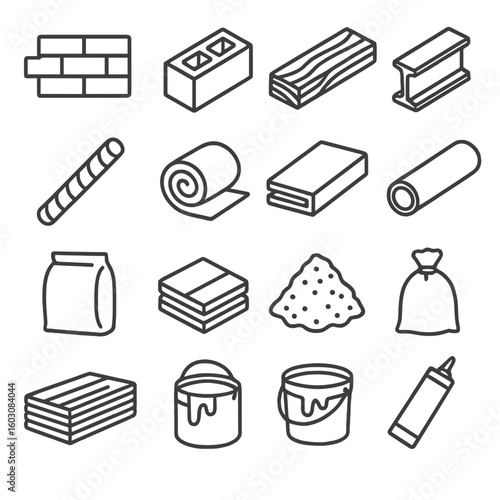 Building Material Icons. Line style icons of building materials: brick, cinder block, wood plank, metal beam, rebar, insulation
