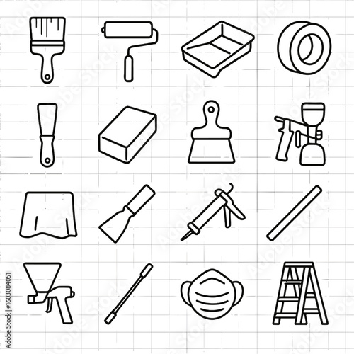 Painting Tools Icons. Line style icons of painting and finishing tools: paintbrush, paint roller, tray, painter’s tape, putty
