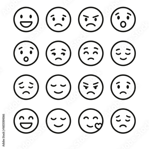 Emotional Icons Collection. Line style icons of emotional states: happiness, sadness, anger, fear, surprise, guilt, envy, pride,