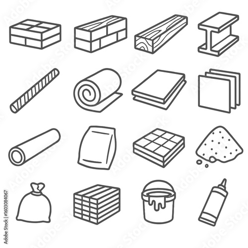 Building Material Icons. Line style icons of building materials: brick, cinder block, wood plank, metal beam, rebar, insulation