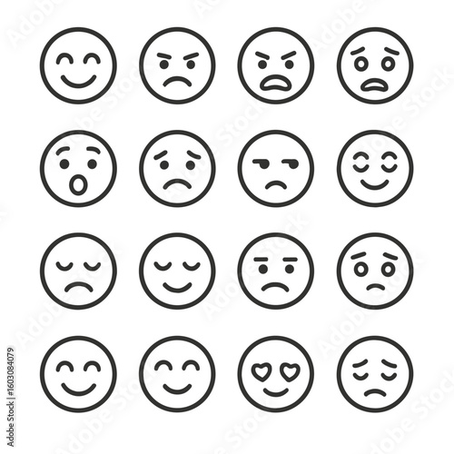 Emotional Icons Collection. Line style icons of emotional states: happiness, sadness, anger, fear, surprise, guilt, envy, pride,