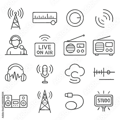 Radio Broadcasting Icons. Line style icons of radio and broadcasting: radio antenna, FM dial, tuning knob, signal waves, radio