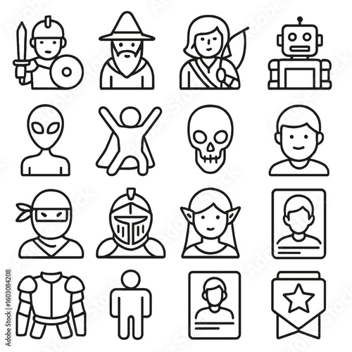 Game Character Icons. Line style icons of game characters and avatars: warrior, wizard, archer, robot, alien, hero pose, enemy
