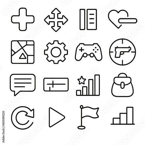 Line Style Game Icons. Line style icons of game controls and interface: cross button, joystick arrow, pause menu, health bar, mini