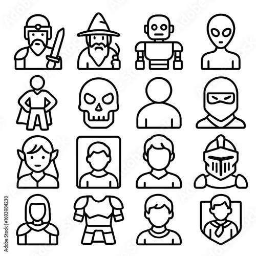 Game Character Icons. Line style icons of game characters and avatars: warrior, wizard, archer, robot, alien, hero pose, enemy