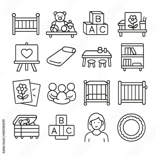 Daycare Line Icons. Line style icons of daycare and nursery: crib, toys on shelf, learning blocks, art table, chalkboard, nap mat,