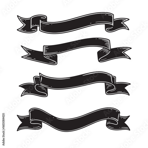 Vector illustration of hand drawn black ribbons and banners with detailed outlines suitable for retro designs and vintage art projects
