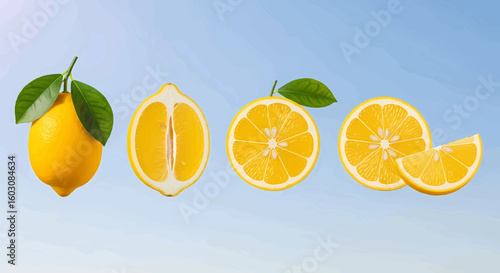 A vibrant collection of fresh yellow lemons, showing a whole fruit with leaves, a half, slices, and a wedge against a blue sky.