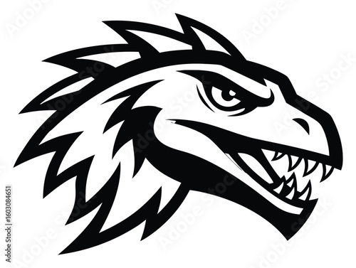 Aggressive Dinosaur Head Logo Black and White Illustration Fierce Reptile Design Mascot Graphic Element Prehistoric Creature Jurassic Era