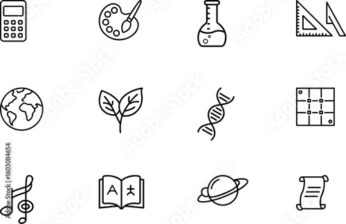 Minimal academic subject icon set for science, arts, math and more