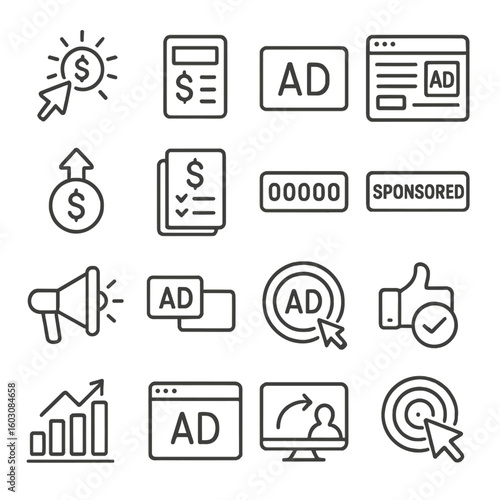 Advertising Icon Set. Line style icons of advertising and PPC: pay-per-click icon, CPC icon, ad banner, ad platform, bidding icon,