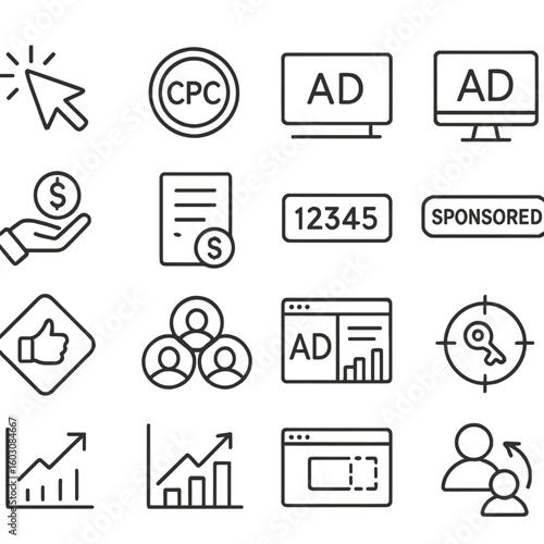 Advertising Icon Set. Line style icons of advertising and PPC: pay-per-click icon, CPC icon, ad banner, ad platform, bidding icon,