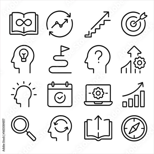 Lifelong Learning Icons. Line style icons of lifelong learning: book with infinity icon, continuous improvement, growth path,
