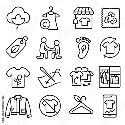 Sustainable Fashion Icons. Line style icons of sustainable fashion: organic cotton, slow fashion, thrift shop, recycled fabric,