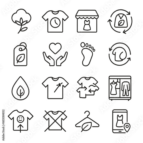Sustainable Fashion Icons. Line style icons of sustainable fashion: organic cotton, slow fashion, thrift shop, recycled fabric,