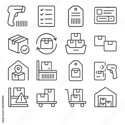 Inventory Line Icons. Line style icons of inventory and stock: barcode reader, inventory list, item ID, stock card, item check,