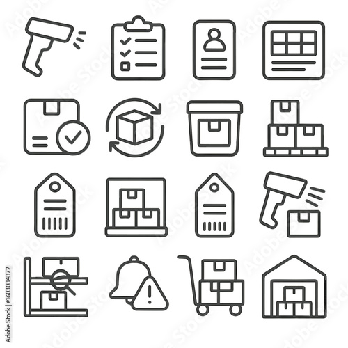 Inventory Line Icons. Line style icons of inventory and stock: barcode reader, inventory list, item ID, stock card, item check,