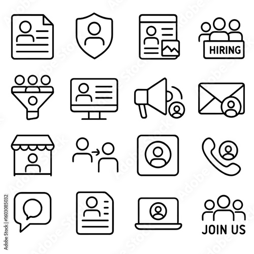 Recruitment Marketing Icons. Line style icons of recruitment marketing: job ad icon, employer brand, social media post, hiring