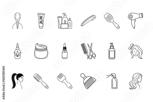 Collection line art icons for hair care beauty products vector