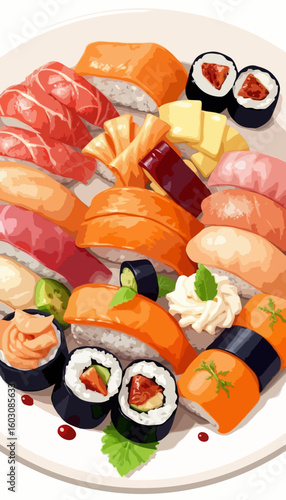 Appetizing variety of fresh sushi and maki rolls platter for Japanese cuisine promotion