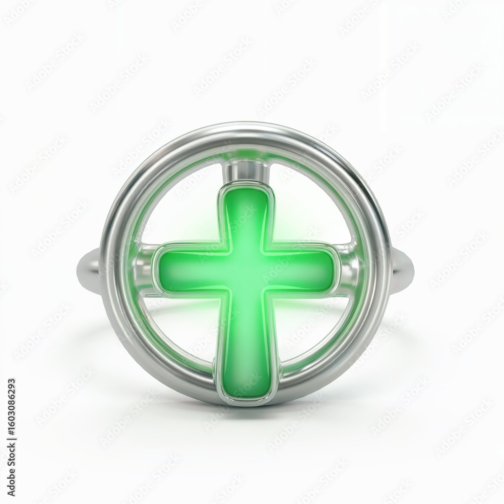 Fototapeta premium Silver ring with glowing green cross symbol emerald