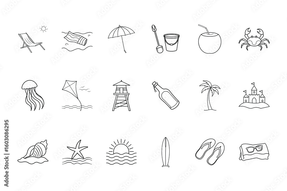 Fototapeta premium Collection line drawings beach vacation icons summer deckchair