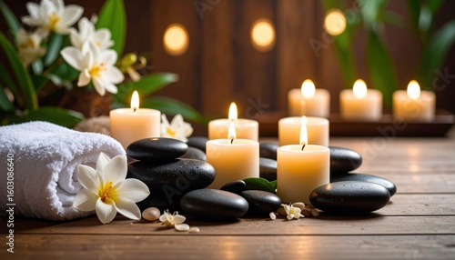 Serene Spa Scene: Candles, Stones, Flowers, and Towel on Wooden Surface.