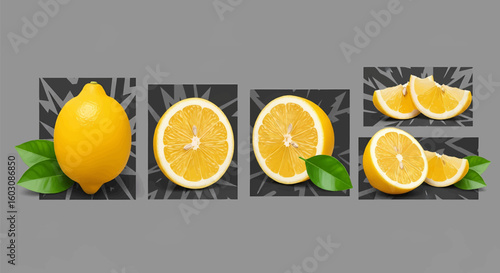 Artistic composition of fresh vibrant lemons, showcasing the whole fruit, juicy halves, and sliced wedges against a modern grey graphic background.