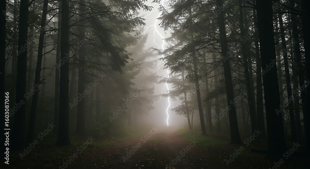 Naklejka premium A foggy forest path during a thunderstorm, trees casting eerie shadows under flashes of lightning.