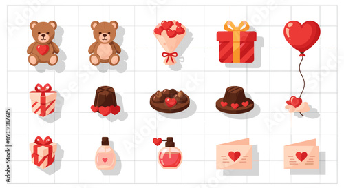 Assortment of valentine's day themed items including teddy bears gifts and heart shaped objects shown