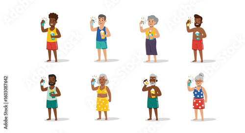 Diverse group of people applying sunscreen lotion on a sunny day to protect their skin from sunburns
