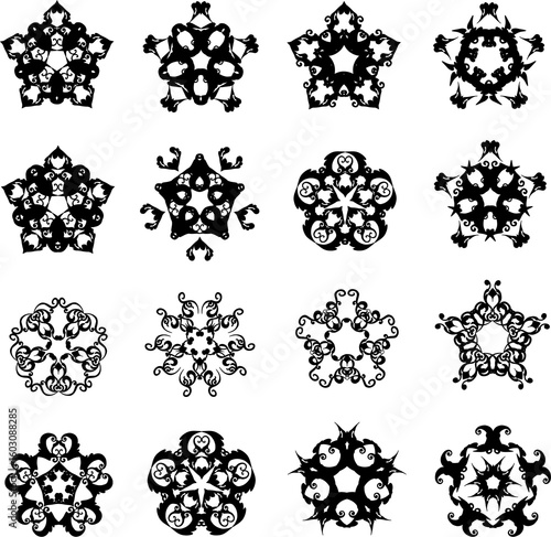 set of black florals stars like pentagon