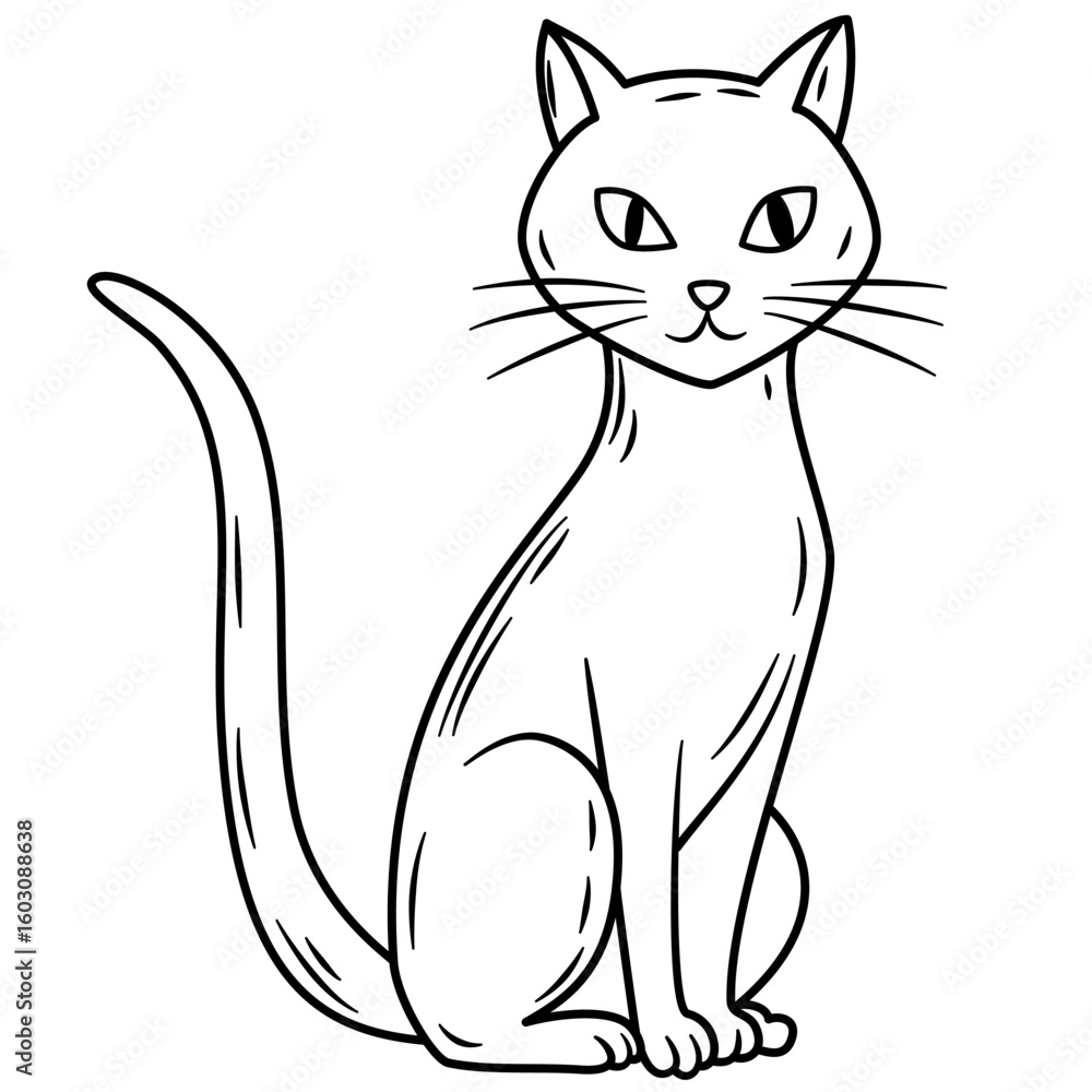 Obraz premium Spooky Halloween cat illustration in line art style. Graphic monochrome drawing. Hand drawn outline sketch, engraved doodle illustration. For coloring book, invitation, decoration.
