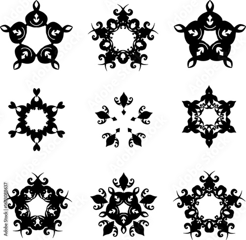 set of black florals stars