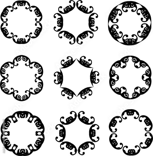 set of black florals frames like circular and star