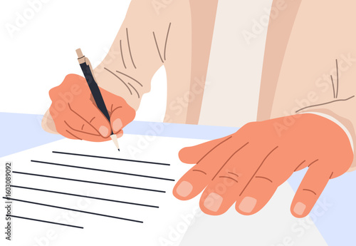 A man signs a document. Successful conclusion of a contract, notarization of a document, conclusion of an agreement. A man writes a letter. Vector flat illustration