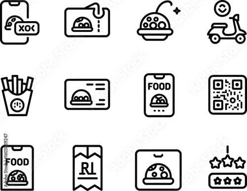 Food delivery service icons with mobile app ordering and payment