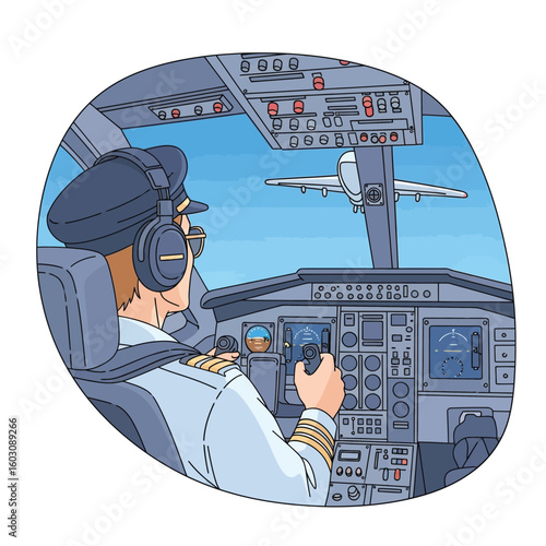Cartoon pilot flying airplane from flight deck illustration
