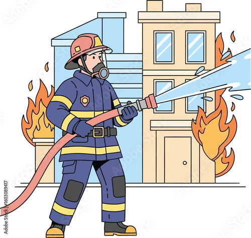 Firefighter in full gear bravely battles a building fire, spraying water from a hose to extinguish the flames.