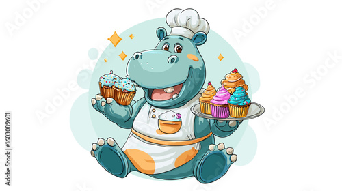 Cartoon hippo chef holding plate of cupcakes and one in his hand, isolated on white background. Vector illustration.